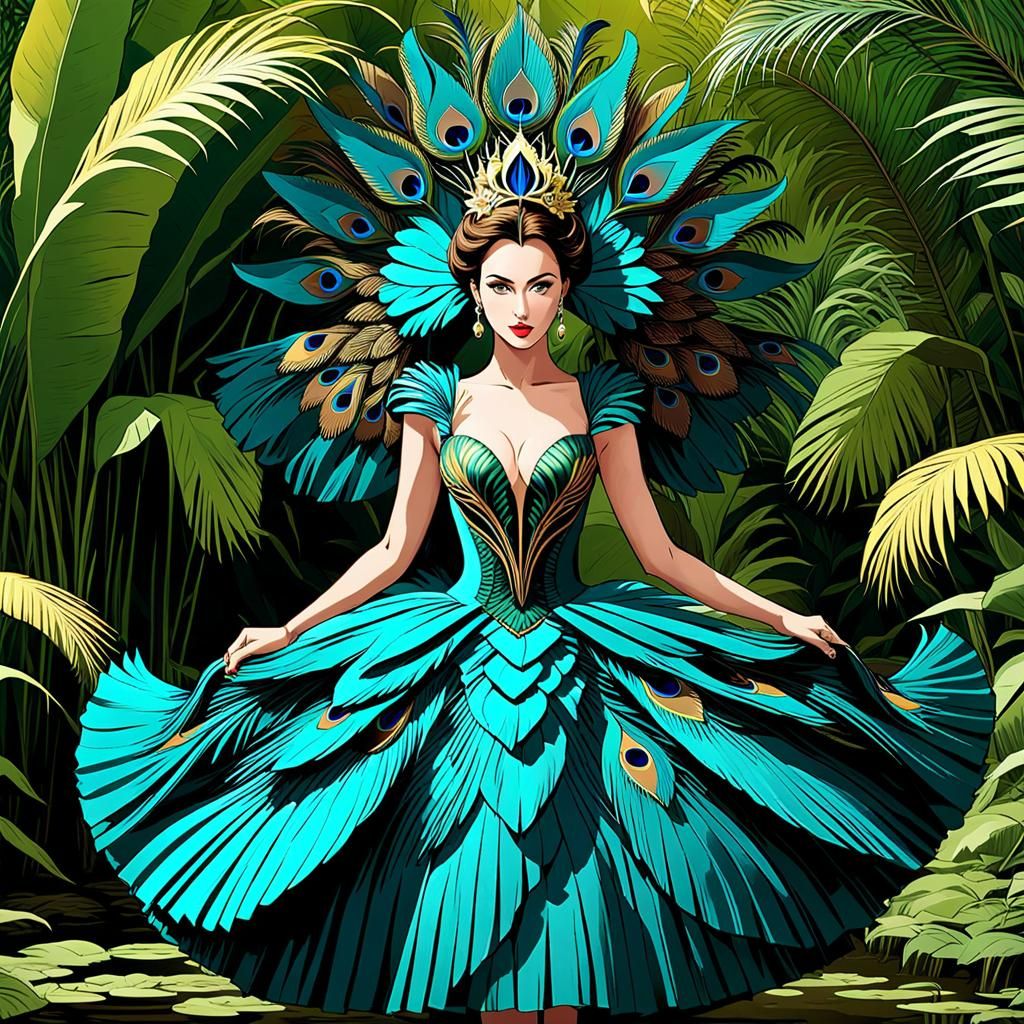Peacock Dress: Hyperrealistic Woman in Nature