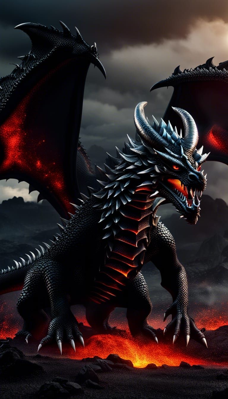 Fierce Black Dragon in Volcanic Landscape, 3D Render