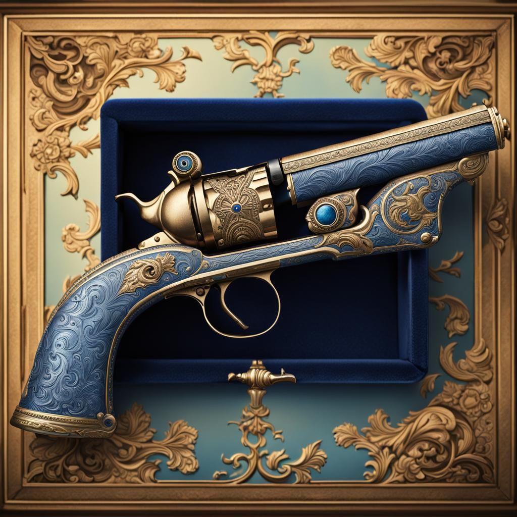 Ornate Firearm with Metallic Heart in Velvet Box