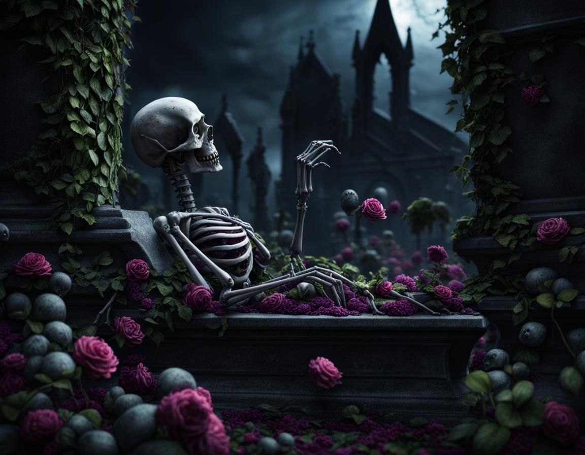 Creepy Zombie Skeleton Rising in Gothic Cemetery