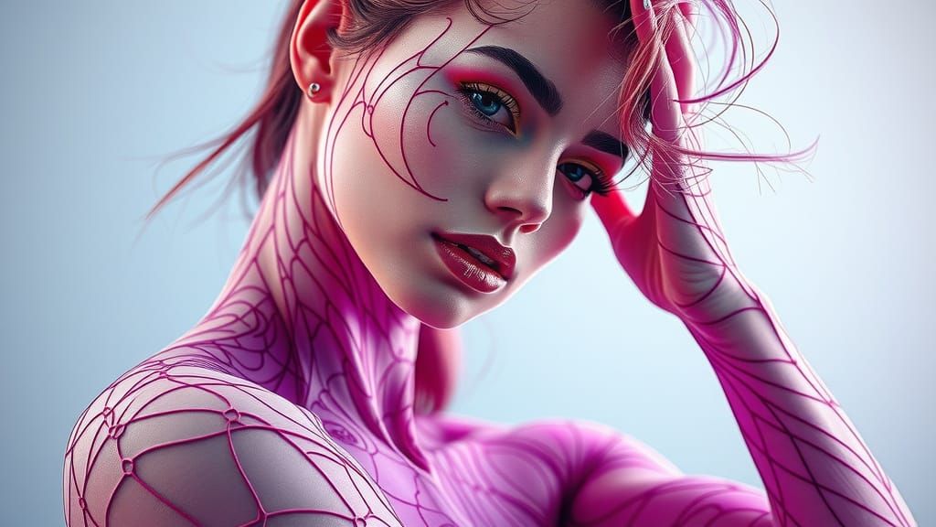 A Woman with Intricate Lines in Vibrant 3D Digital Art