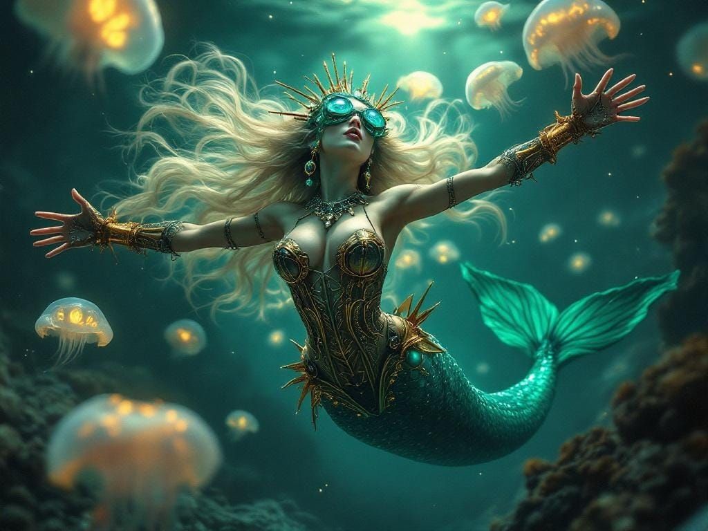 Steampunk Mermaid in Bioluminescent Twilight Ocean