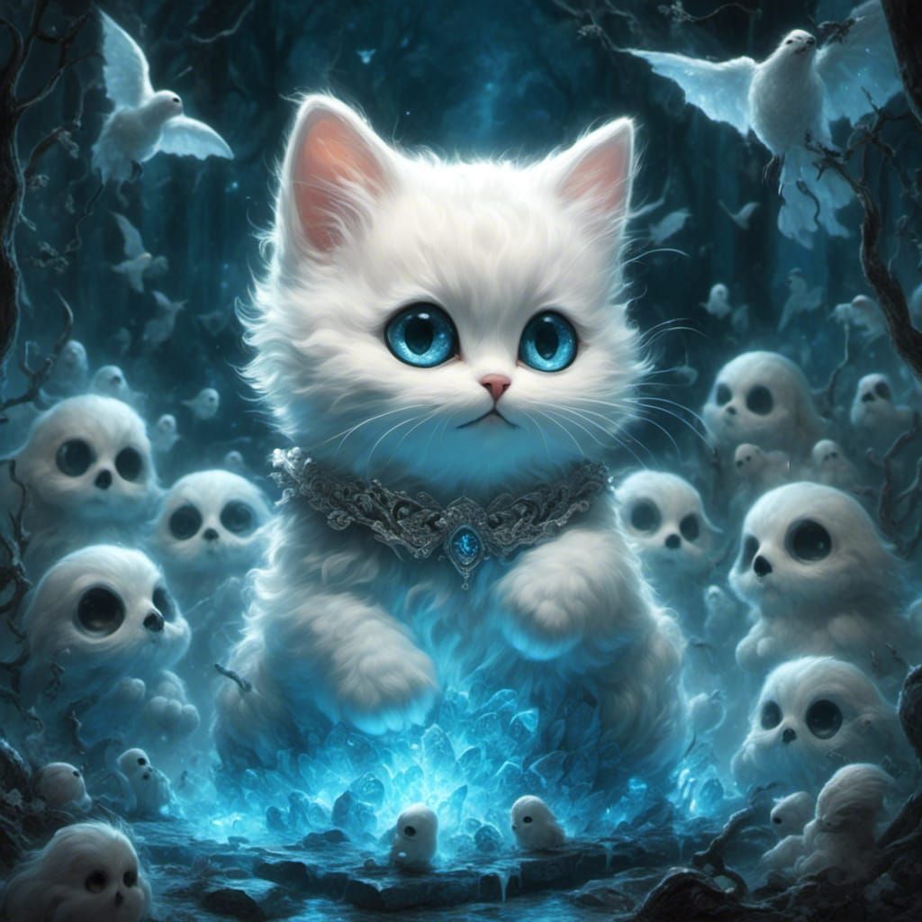 Adorable Ghost Kitten in Graveyard, Thomas Kinkade Style
