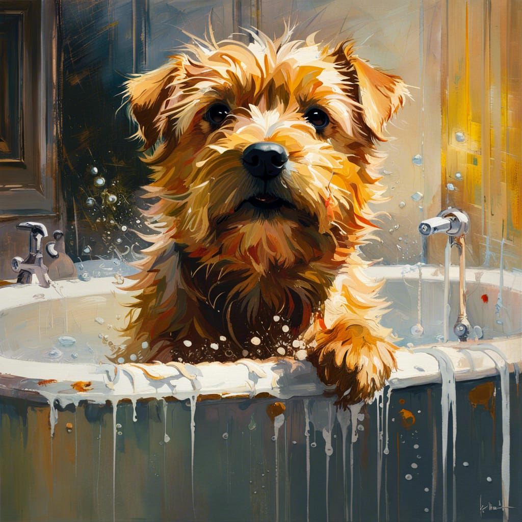 Norfolk Terrier's Joyful Bath: Oil Painting