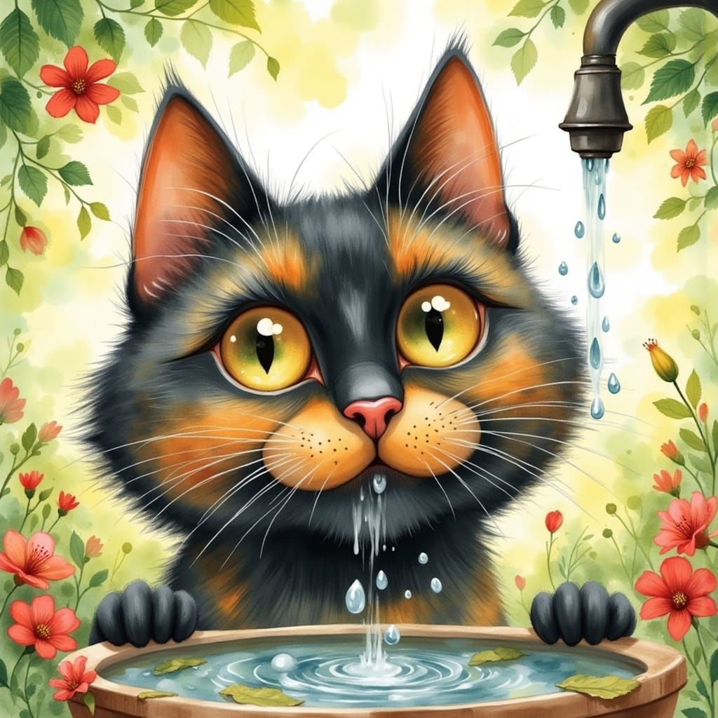 Surreal Watercolor Cat Laps Up Water in Whimsical Garden Sce...