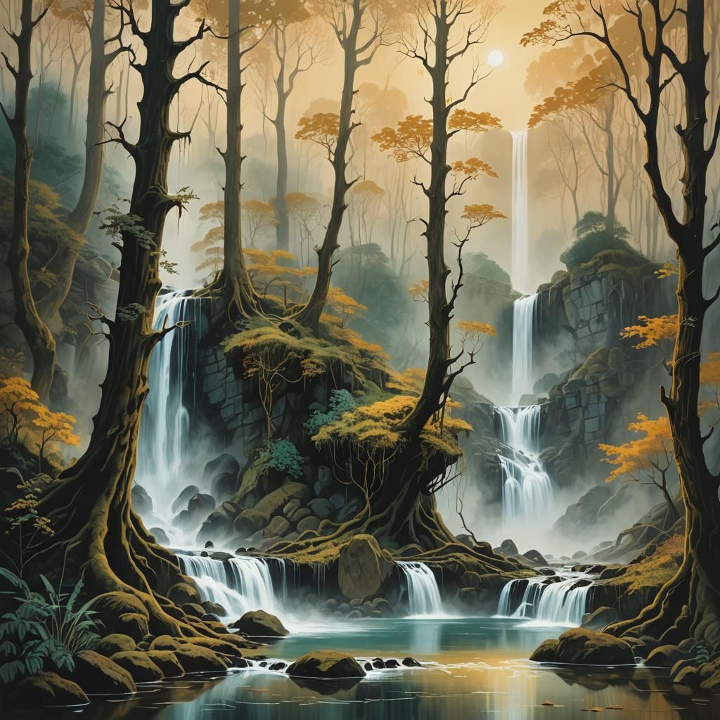 Mystical Forest: Surreal Waterfall Gouache Painting
