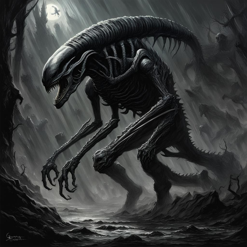 Terrifying Xenomorph in Gothic Horror Style