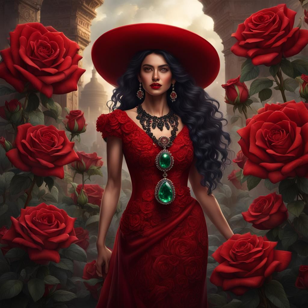 Beautiful Mexican Woman with Roses, Hyperrealistic Matte Pai...
