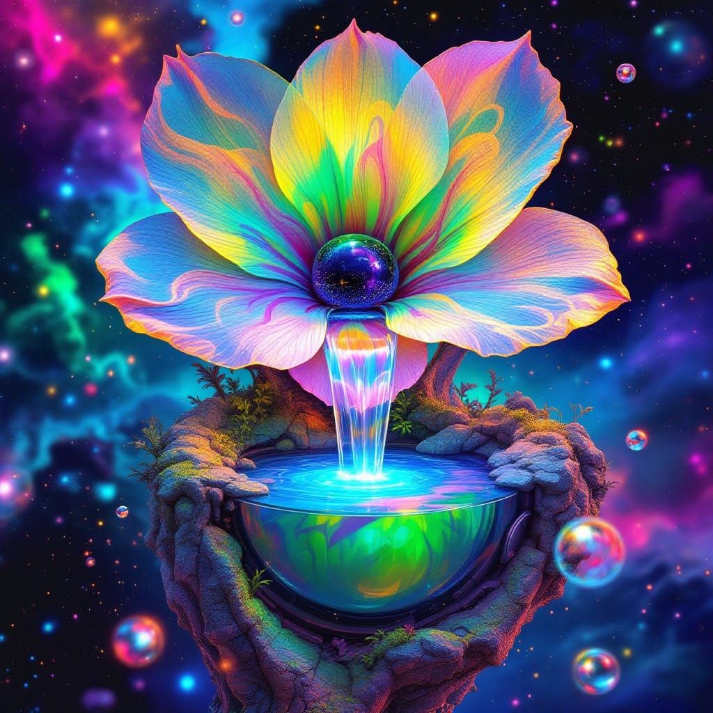 Glowing Cosmic Flower within Mechanical Eye