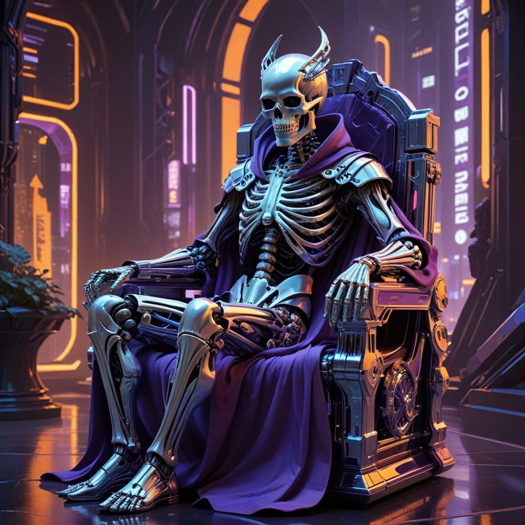 Regal Skeleton King on Chrome Throne in Retro-Futurist Style
