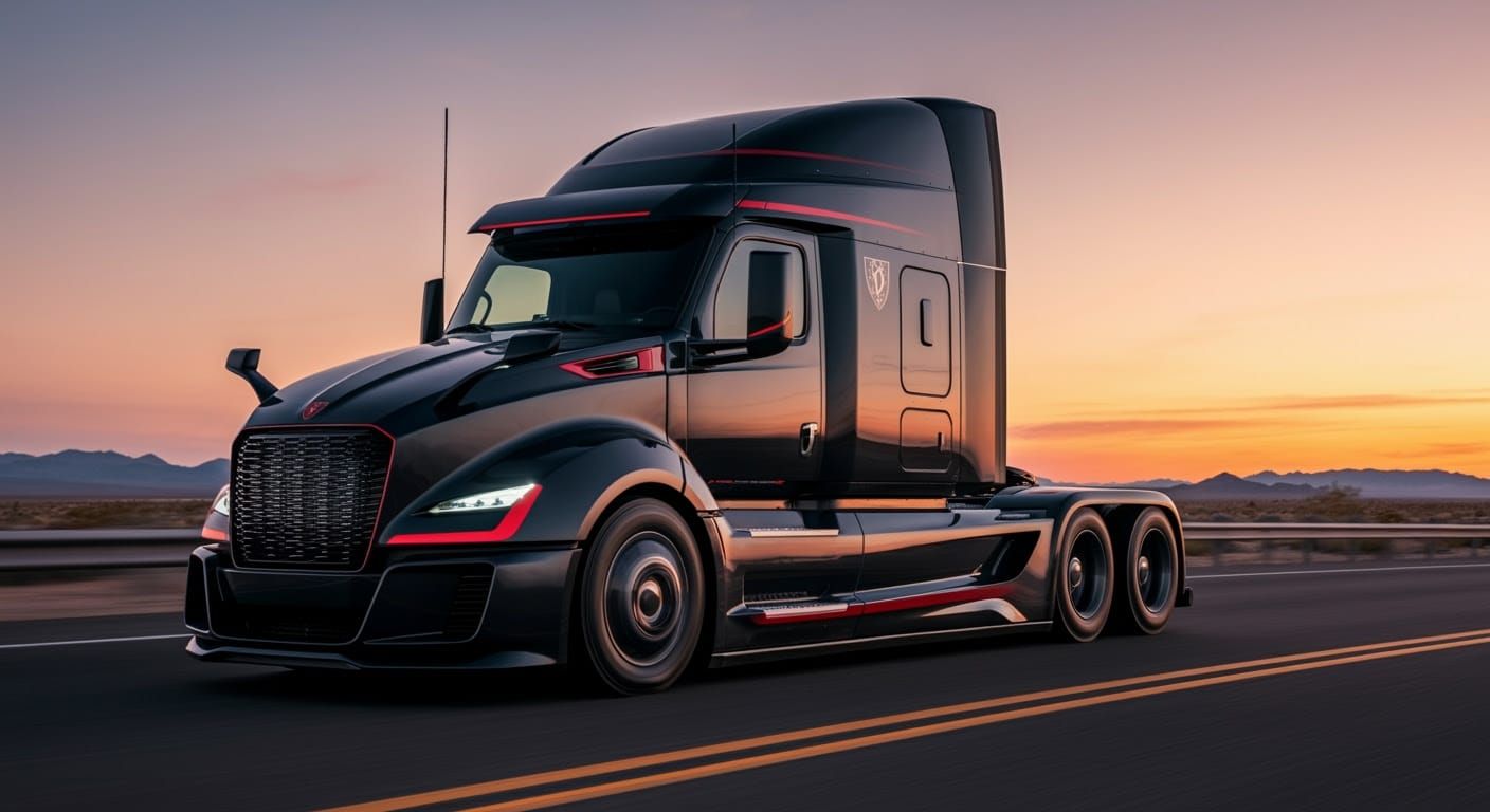 Futuristic Semi-Truck on Mojave Highway in Sleek Style