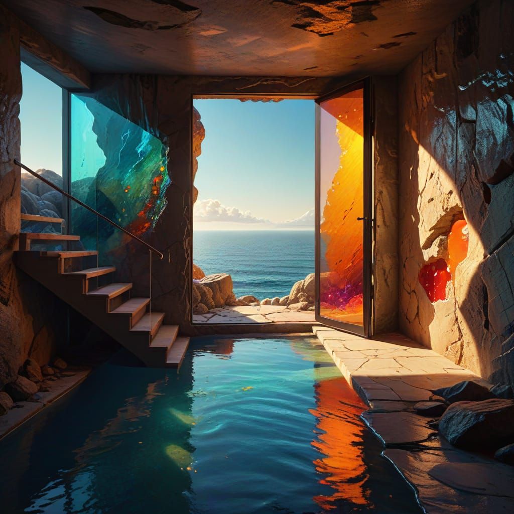 Modern Cave Dwelling Overlooking Sea in Splash Art