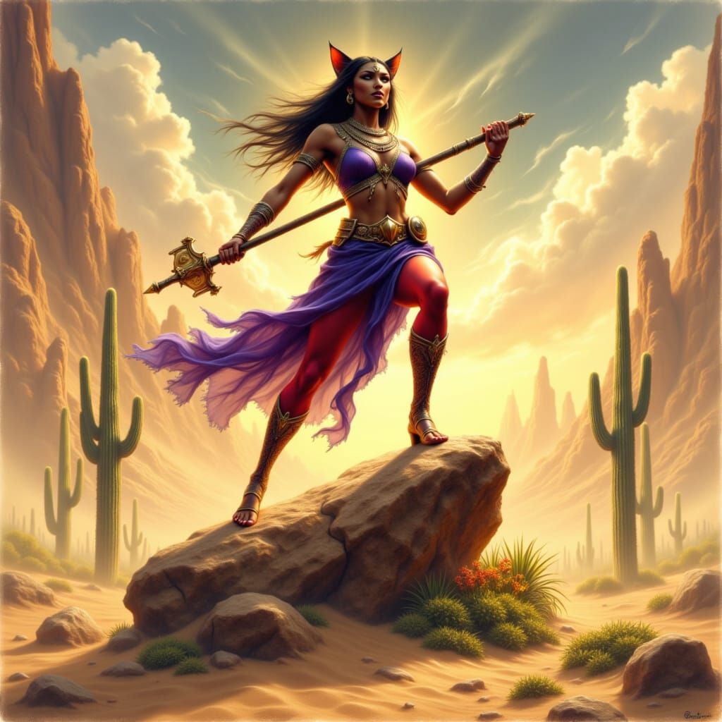 Fierce Desert Warrior Cat Woman with Staff
