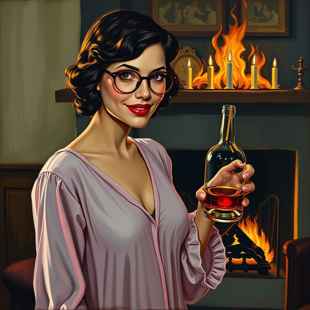 Woman Offers Whiskey in German Expressionist Style