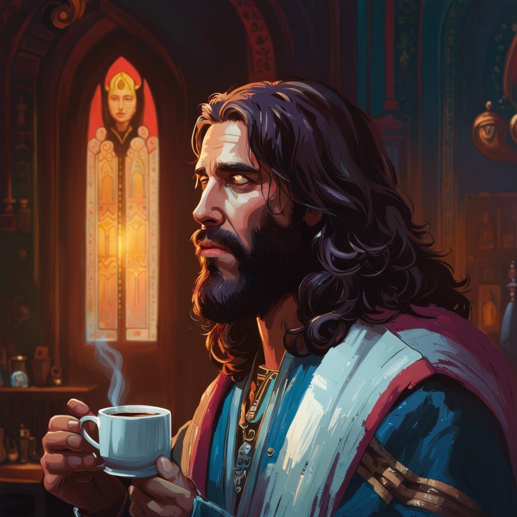 Hipster Jesus Sipping Coffee in Fantasy Art Style