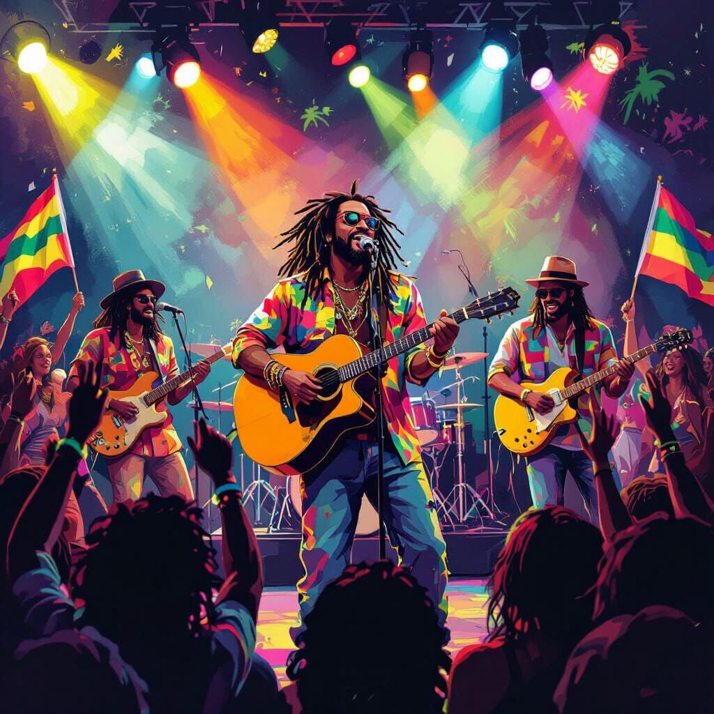 Reggae Celebration: Musicians & Dancing Crowd in Eclectic St...