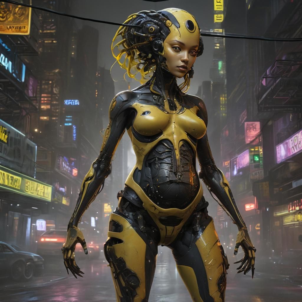 Pregnant Alien Cyborg in Steelpunk Cityscape