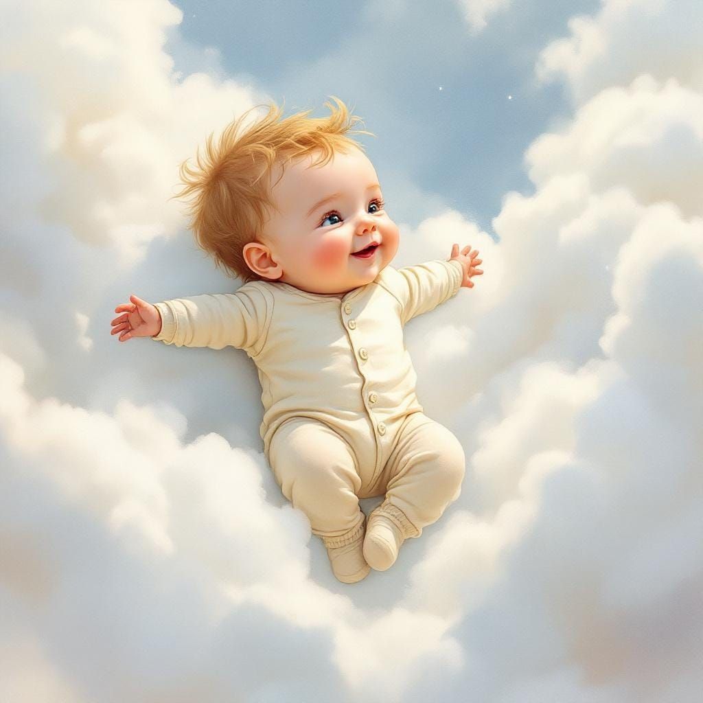 Baby Boy Flies Through Clouds in Watercolor Style