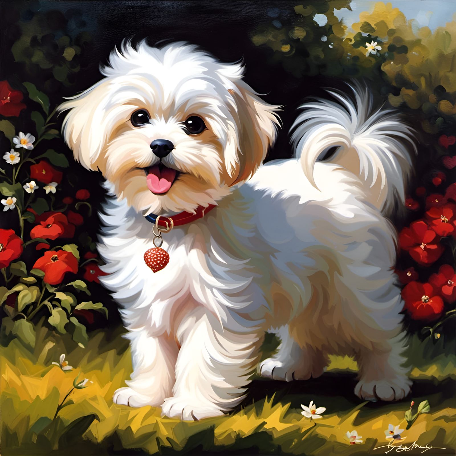 Adorable Maltese Puppy in Oil Painting Style