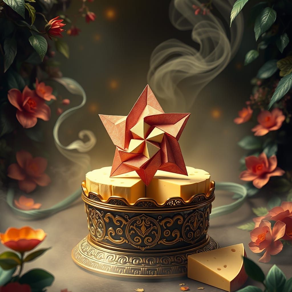 Origami Ninja Star Adorns Golden Pedestal with Rich Cheese