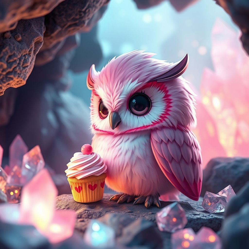 Hyperrealistic Chibi Owl Enjoys Cupcake in Crystalline Cave