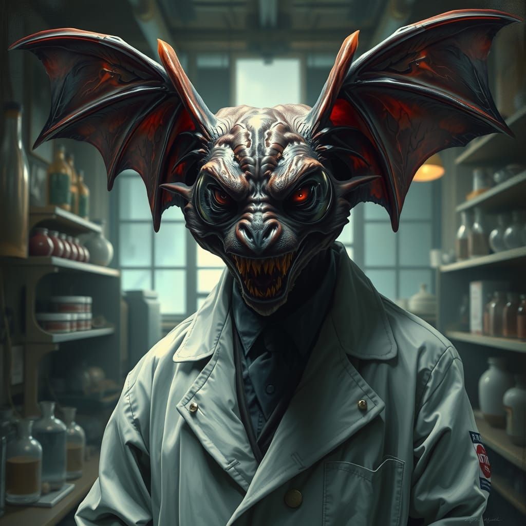 Sinister Anthropomorphic Bat in Laboratory, Digital Art
