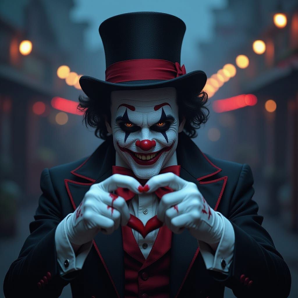 Sinister Clown with Top Hat in Ominous Light