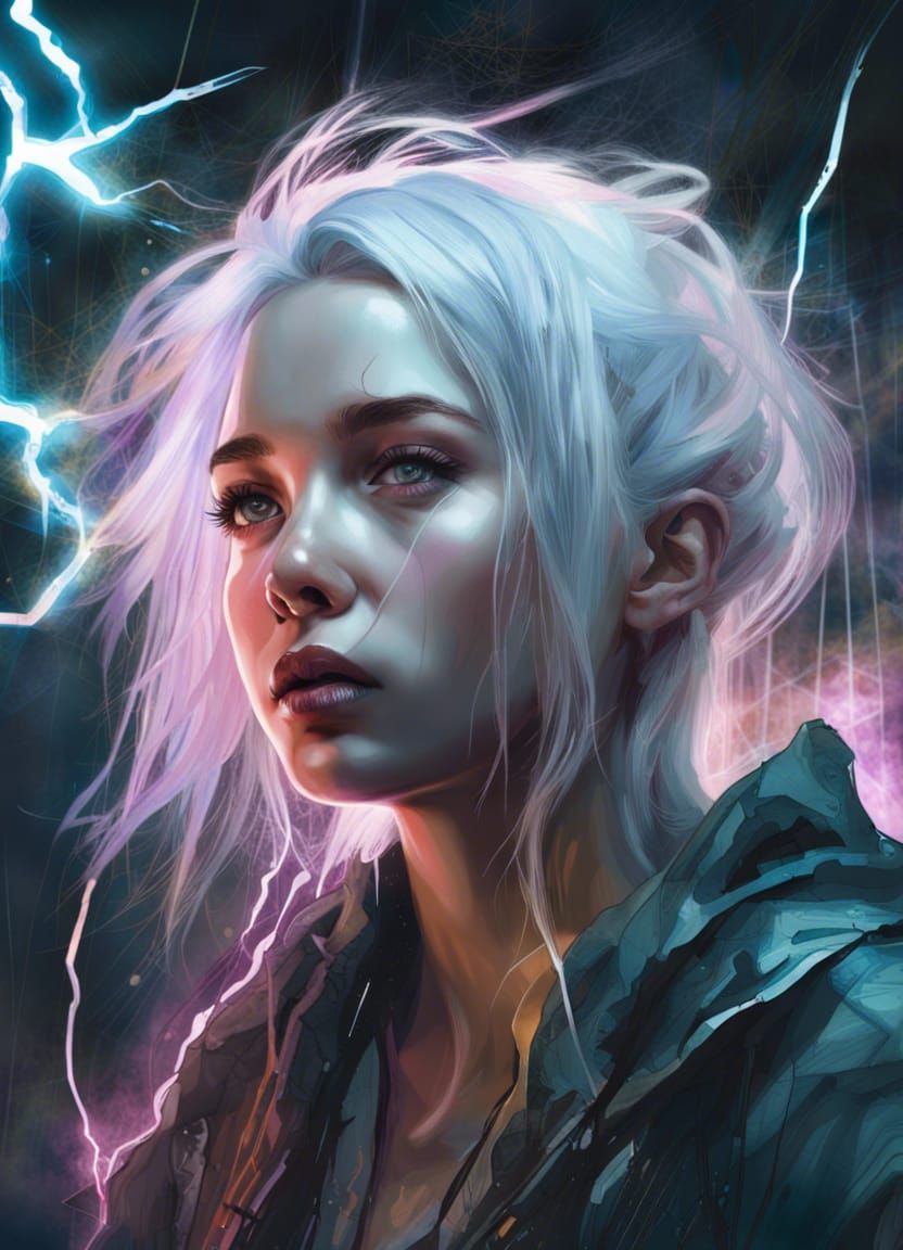 Neon Cyberpunk Mystery Girl with Silver Hair