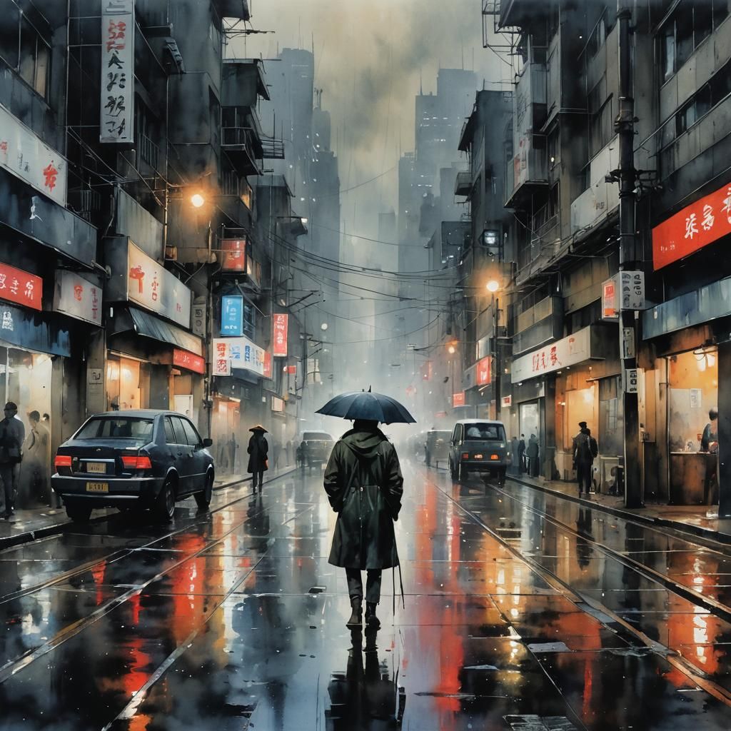 Post-Apocalyptic Tokyo Rain in Watercolor Gouache Style