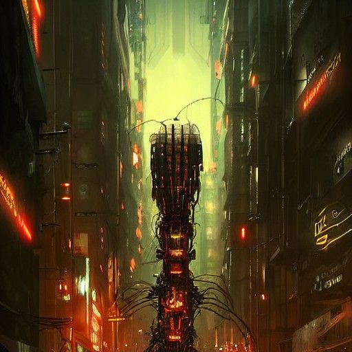 Cybernetic Monster in Crowded Cyberpunk City at Night