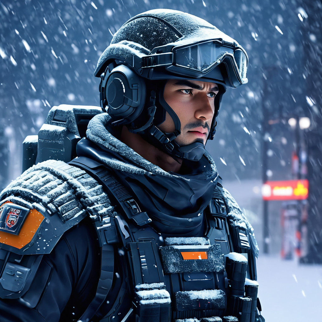 Scifi Soldier Anime Boy in a snow storm...