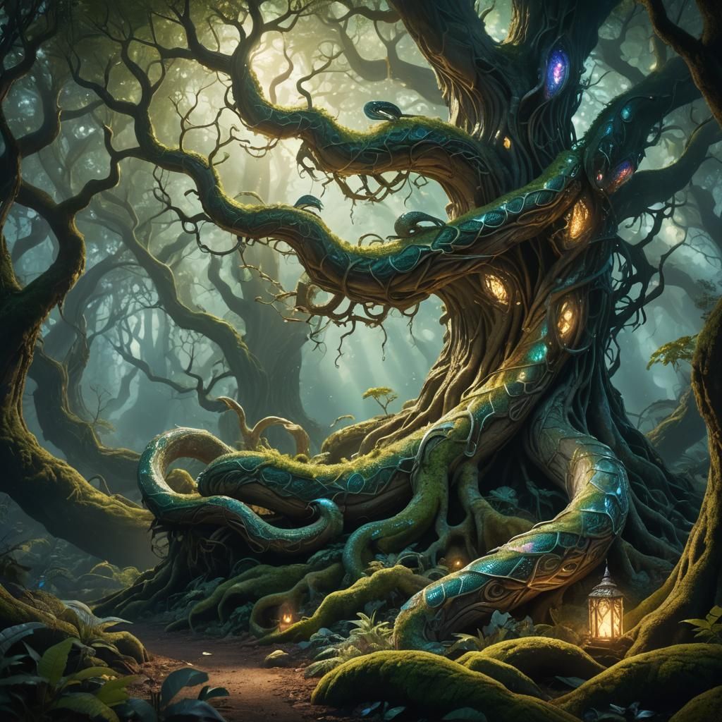 Serpentine Creature in Mystical Forest: Fantasy Concept Art