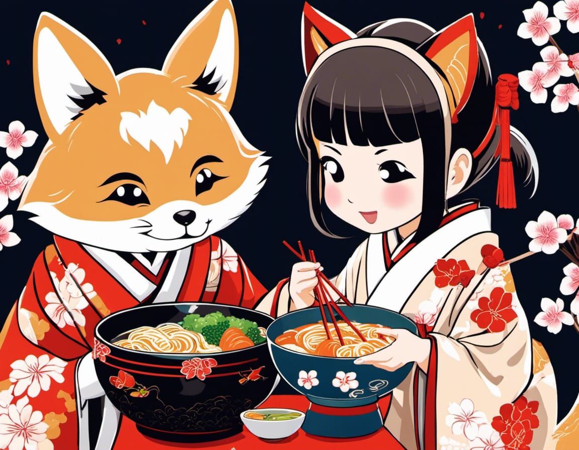 Kitsune and Girl Share Ramen in Kimono