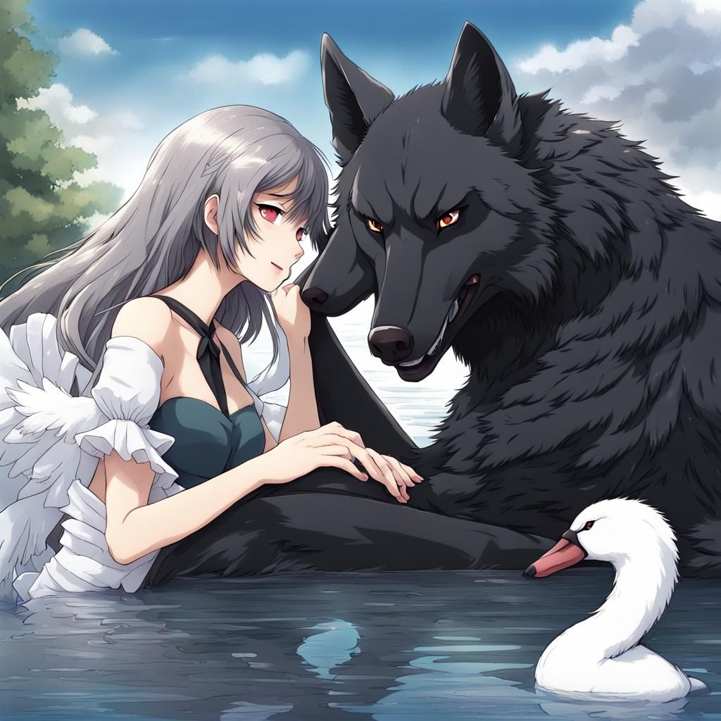 Black Wolf Affection for Swan in Anime Style