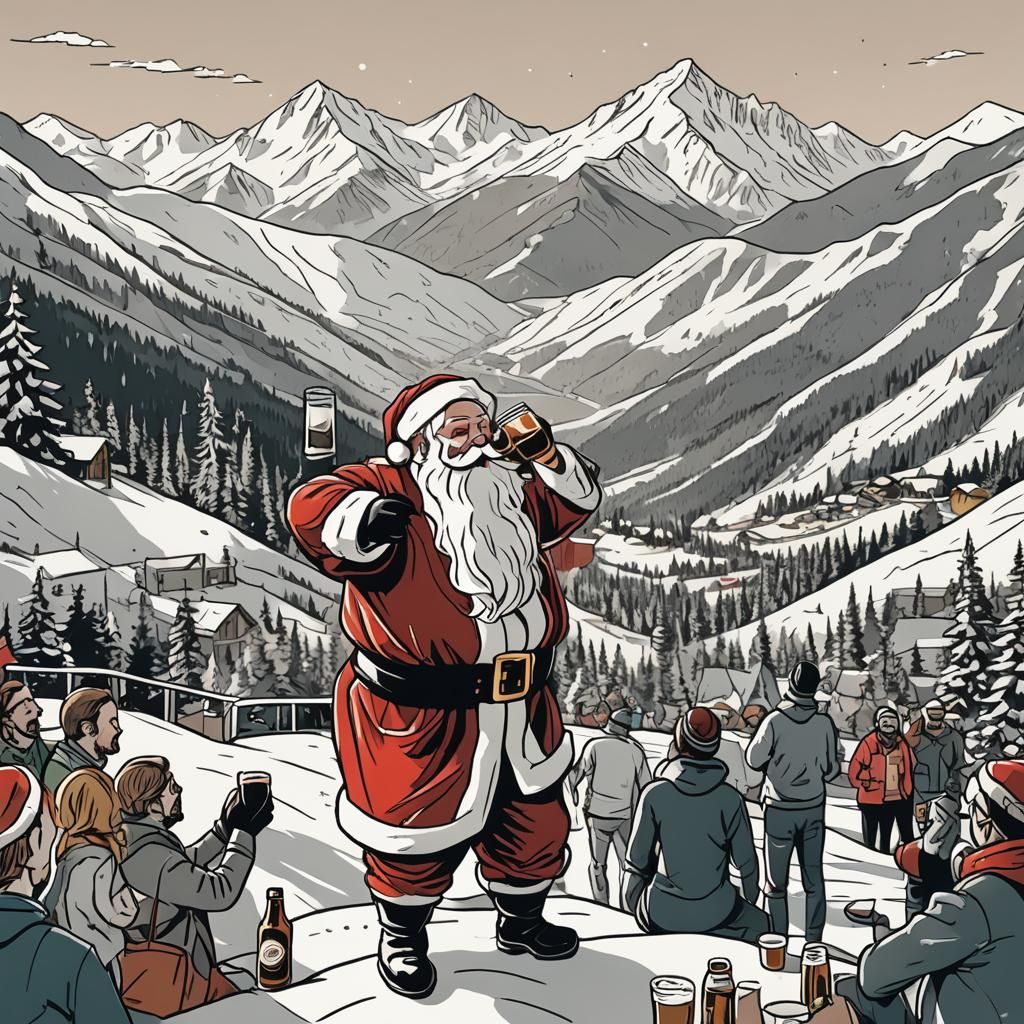 Santa at Après-Ski Party: Minimalist Line Art