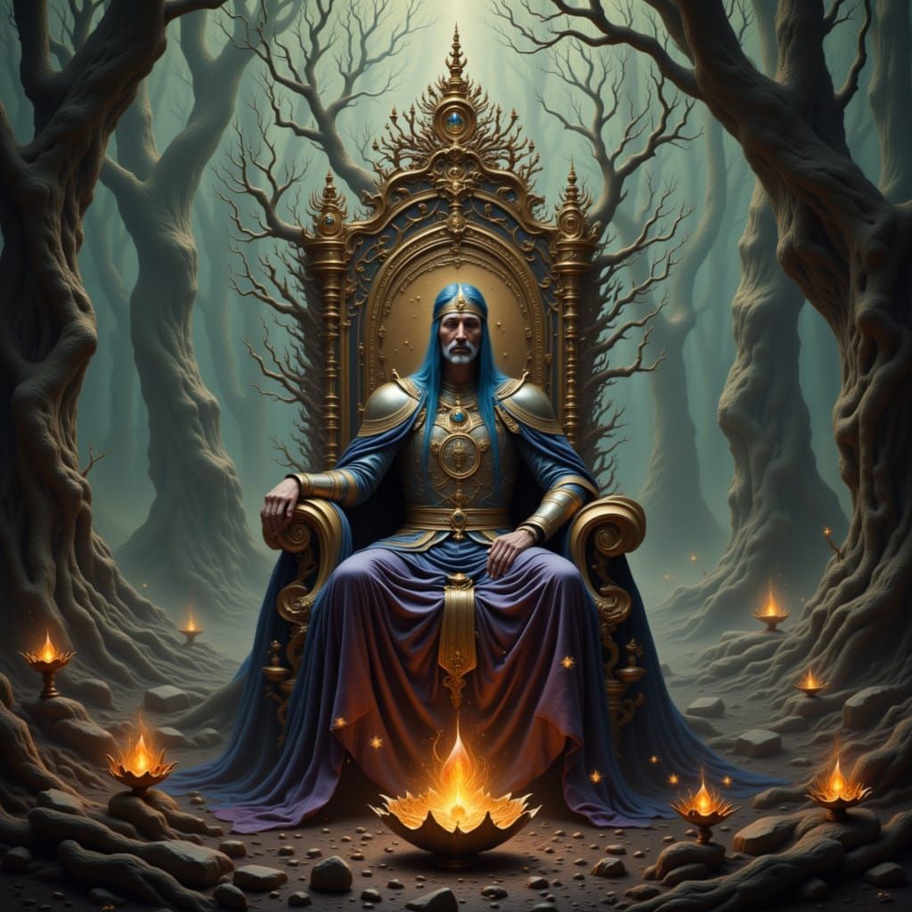 Regal King on Crystal Root Throne in Mystical Forest
