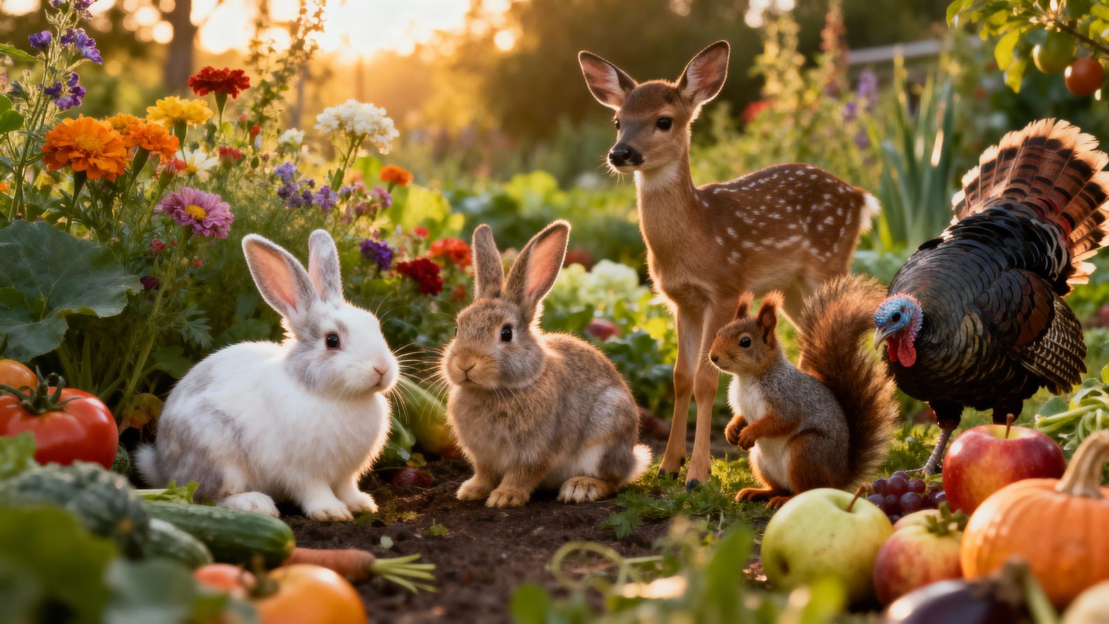 Bunny Rabbits, Deer, Squirrel, and Turkey in Lush Garden