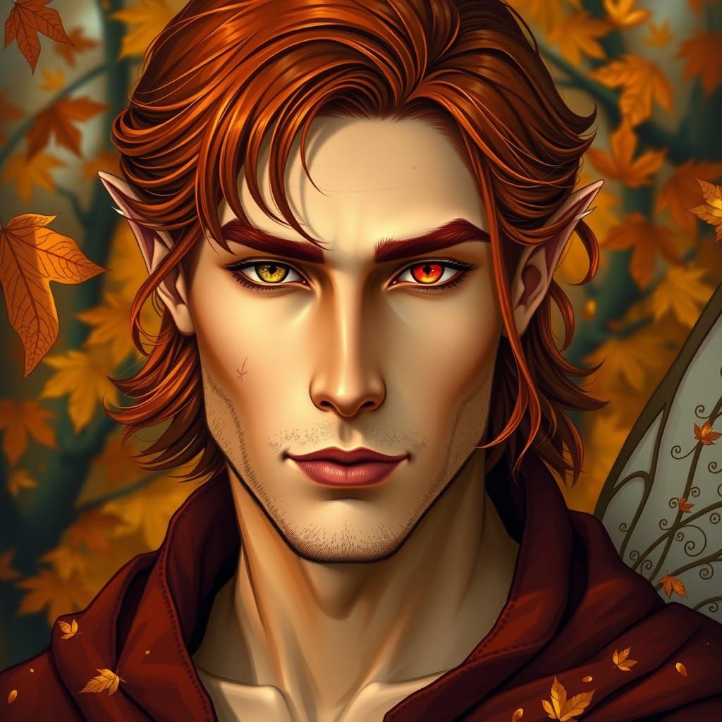 Ethereal Autumn Fairy with Red Hair and Golden Eye