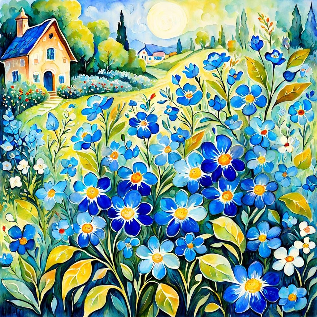 Blue flowers in a garden.