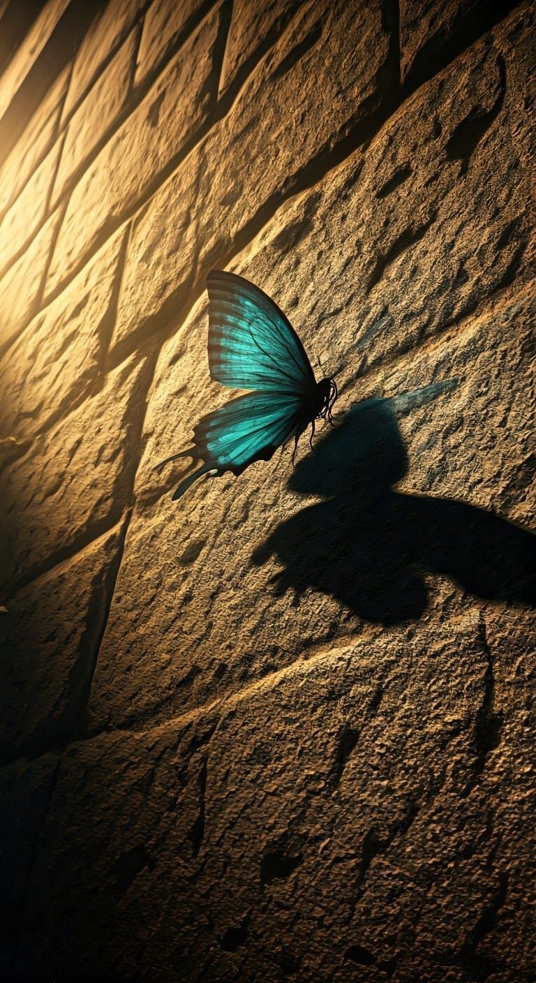 Majestic Butterfly Casts Hawk Shadow on Weathered Stone Wall