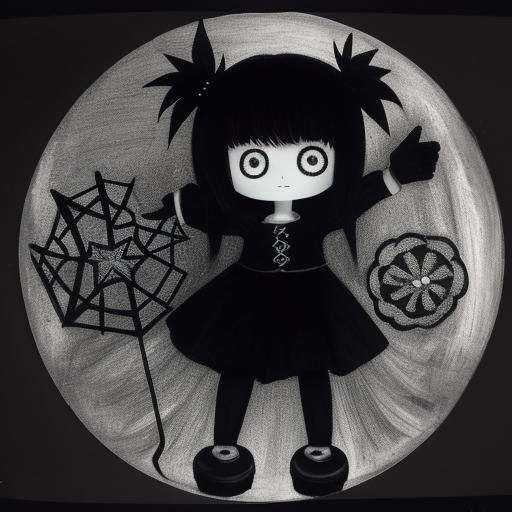 Surreal Crayon Drawing: Chibi Goth Woman in Darkness