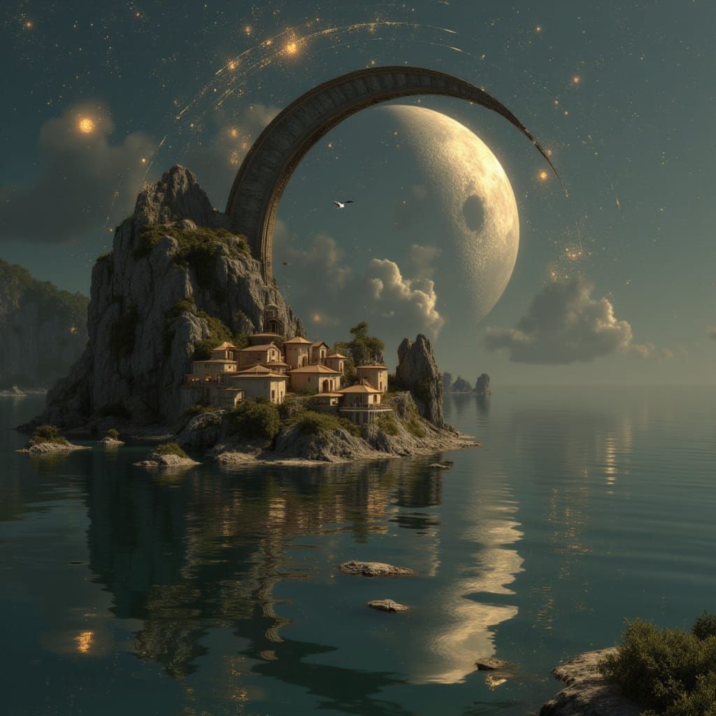 Serene Moon Village Digital Painting With Cosmic Nebulae