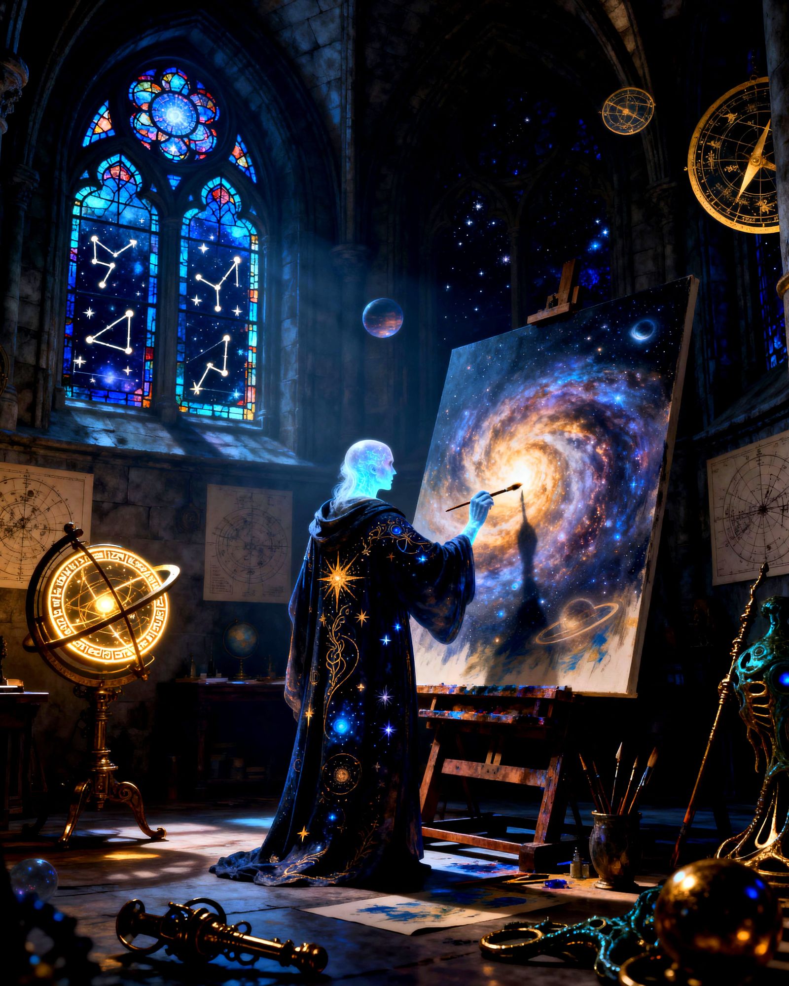 Ethereal Artist Paints Cosmic Canvas in Gothic Observatory