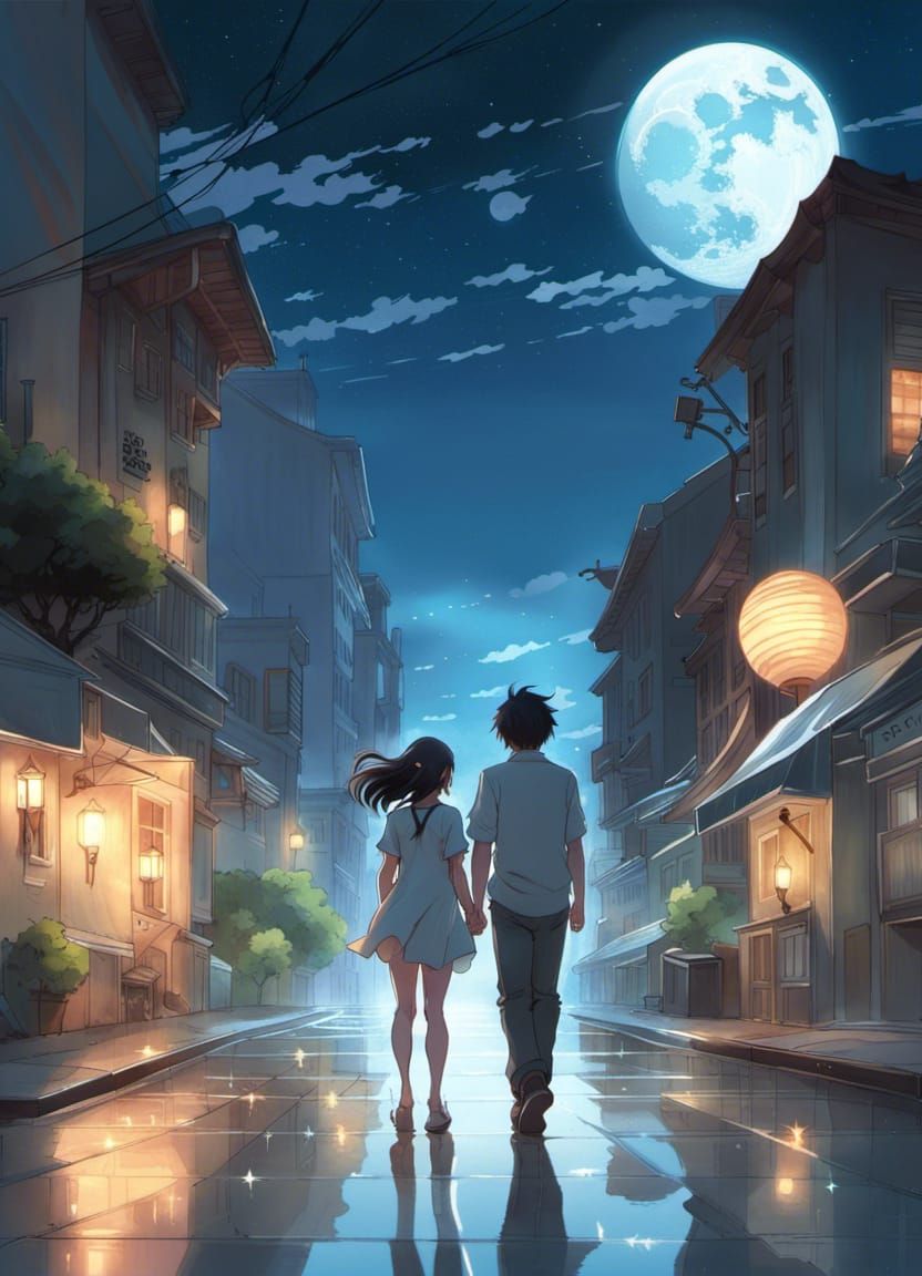 Romantic Couple Under a Celestial Sky, Anime Style