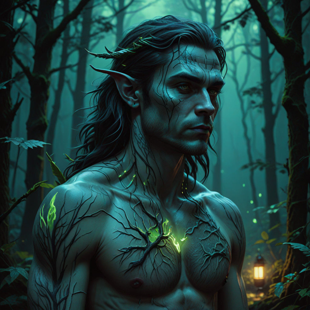 Hyperrealistic Male Elf in Dark Fantasy Landscape