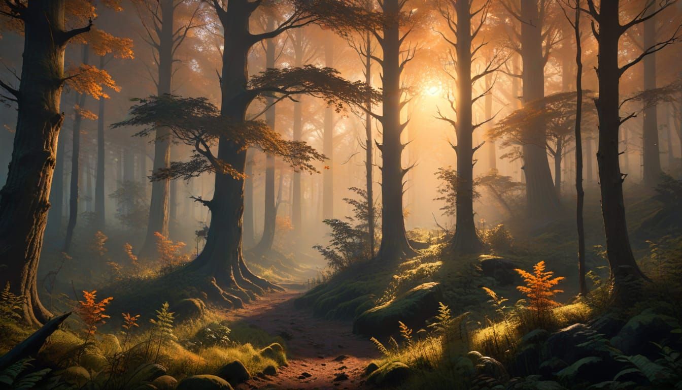 Misty Forest Sunrise Digital Painting