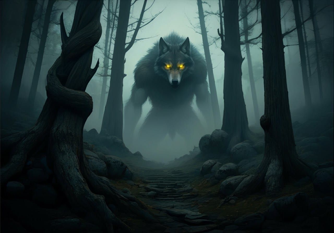 Werewolf in Mist-Shrouded Forest, Digital Fantasy Art