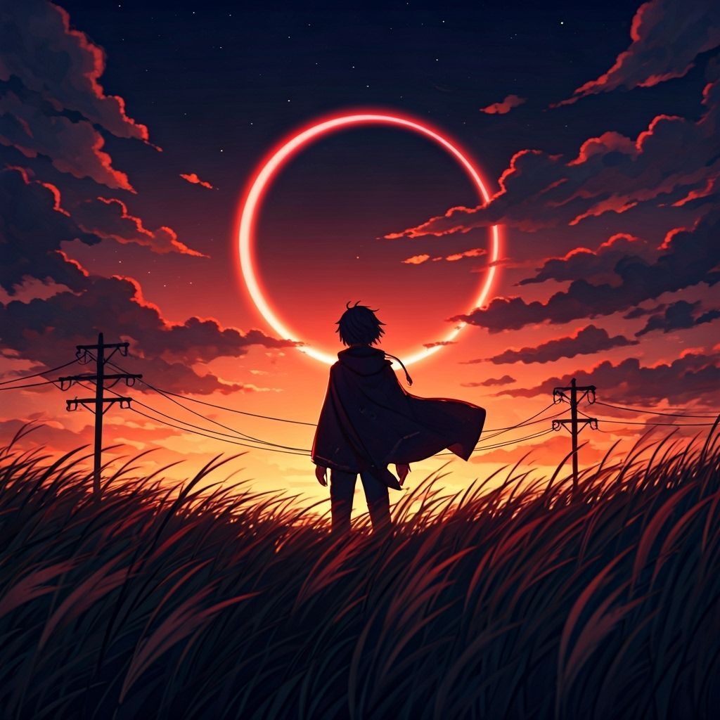 Anime Silhouette in Twilight: Wind-Swept Field