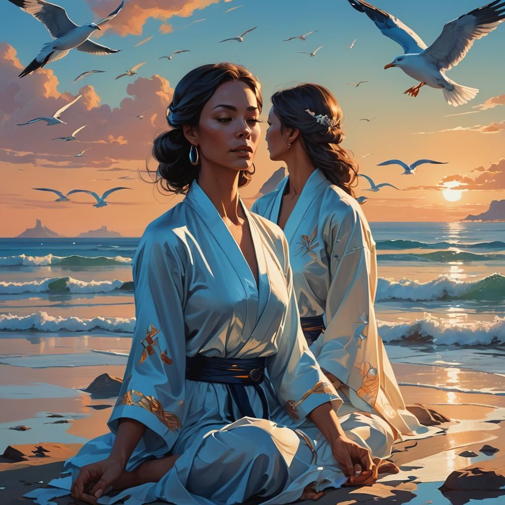 Meditating Woman by the Sea: Fantasy Digital Art