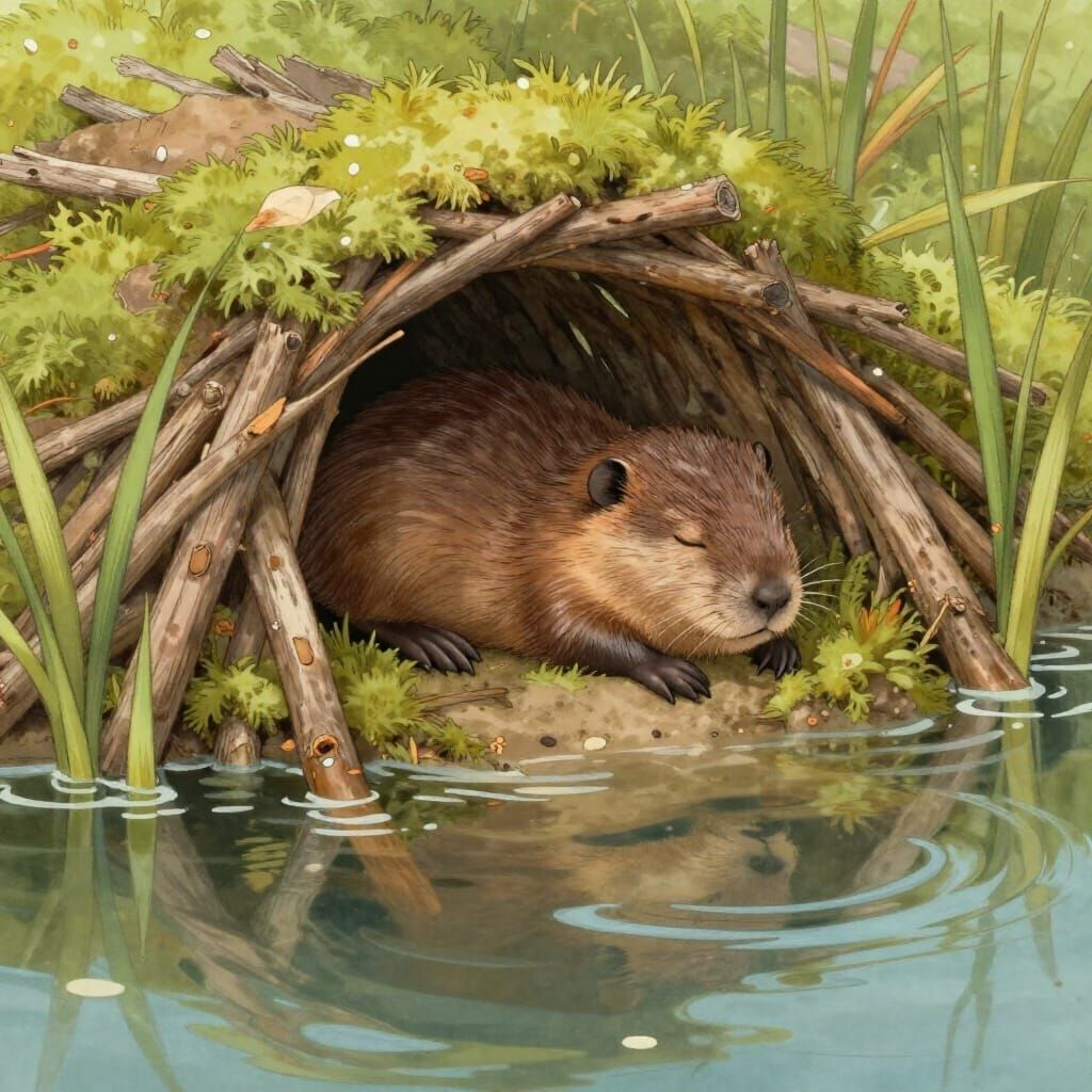 Baby Beaver Sleeping in Cozy Dam Illustration